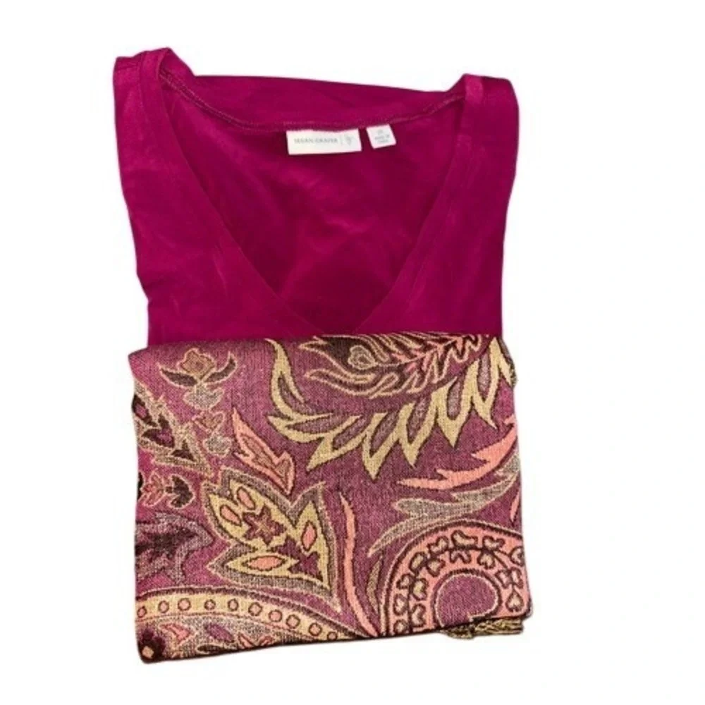 Susan Graver Liquid Knit V-Neck Tunic‎ and Paisley Scarf Set Berry 3X A236800